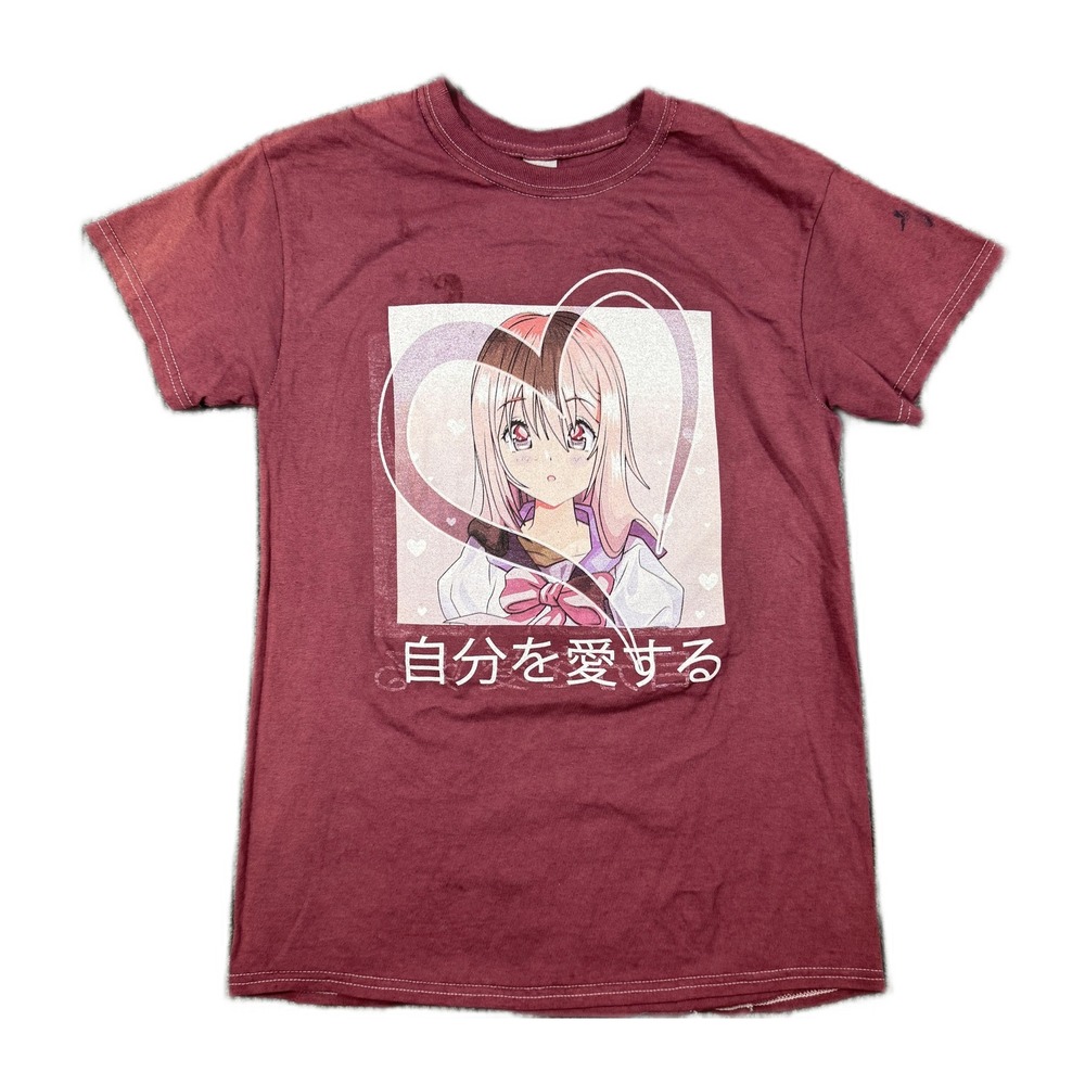 Gildan Maroon Anime Girl Heart Graphic T-Shirt Small Japanese Kanji Self Love